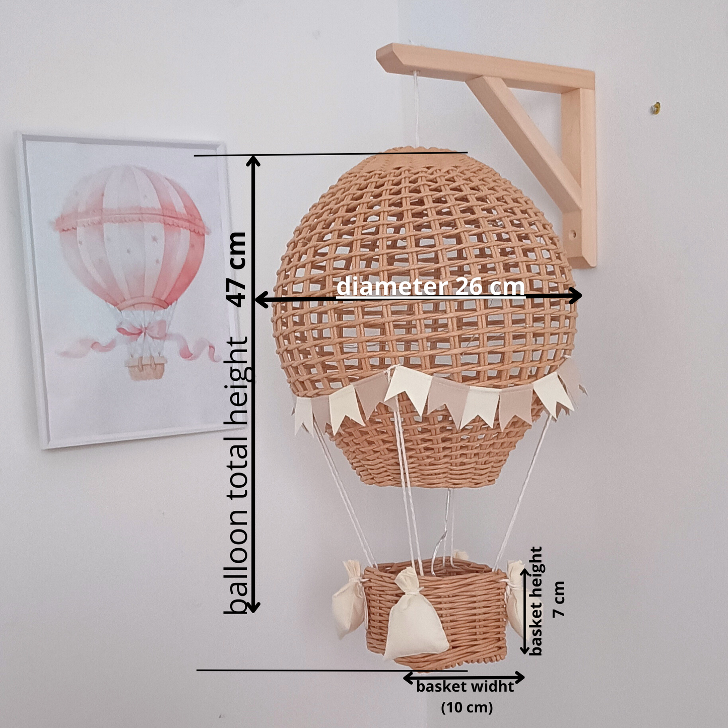 Night light for a child's room - hot air balloon with wooden wall mount
