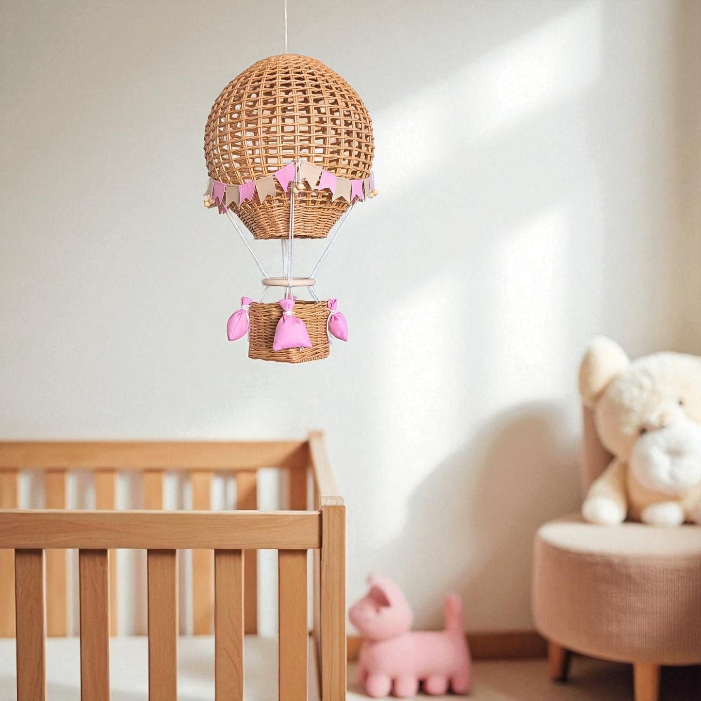 Decorative hot air balloon with basket for a girl's room