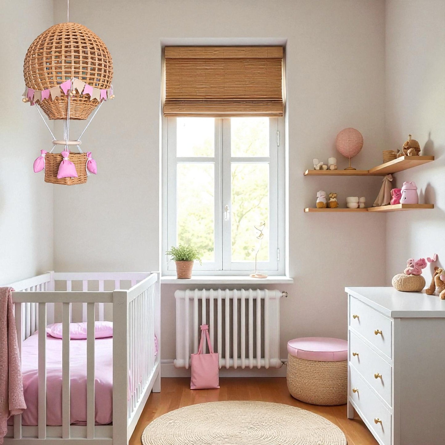 Decorative hot air balloon with basket for a girl's room