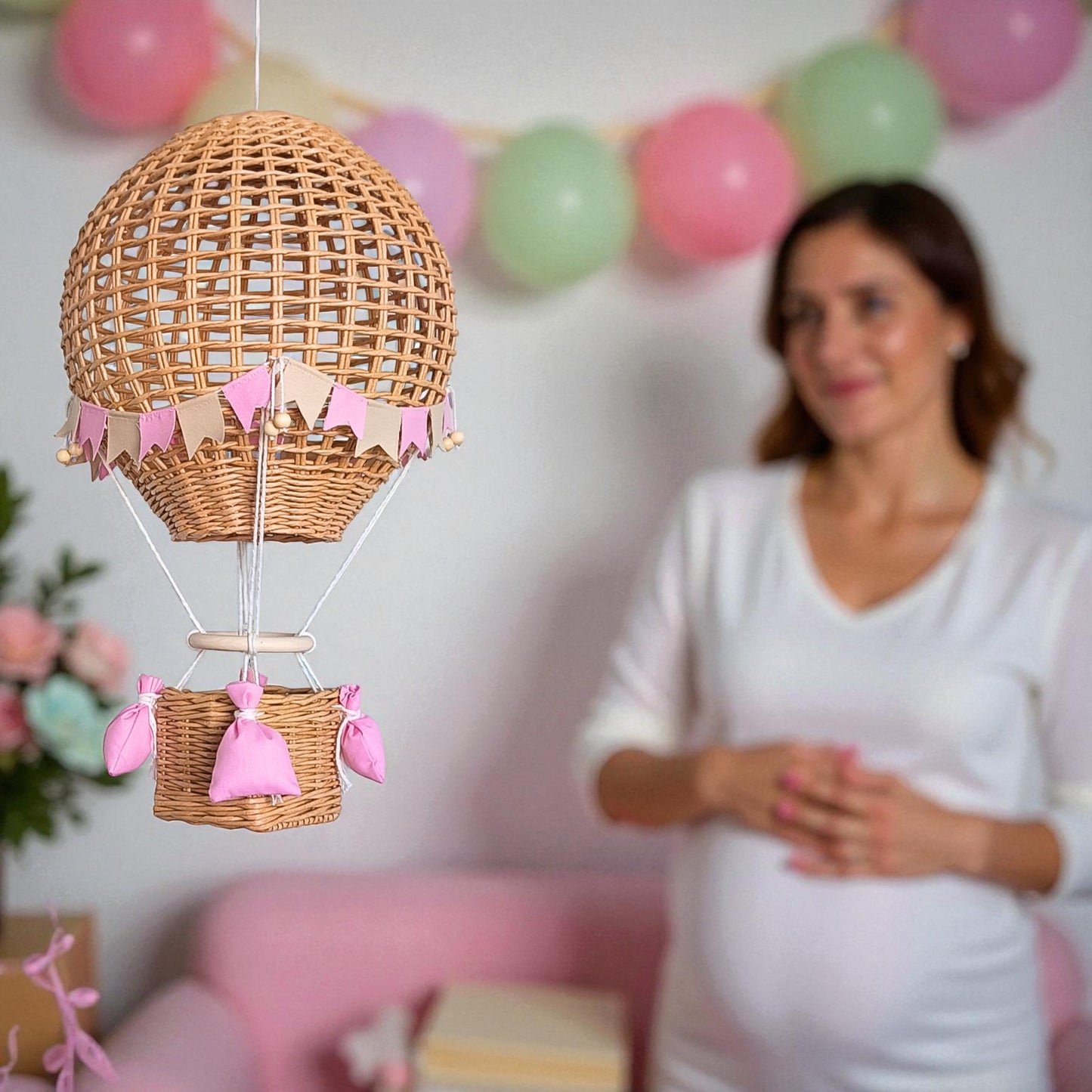 Decorative hot air balloon with basket for a girl's room