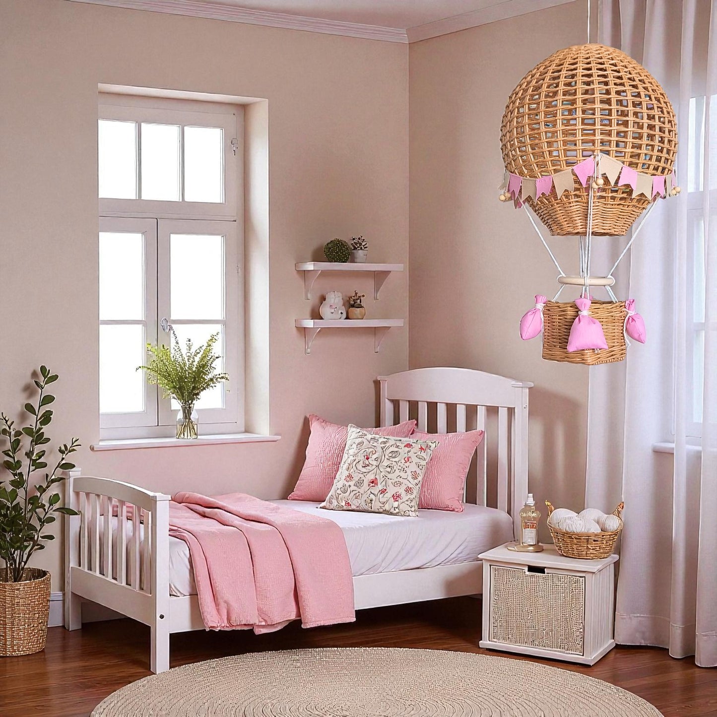 Decorative hot air balloon with basket for a girl's room