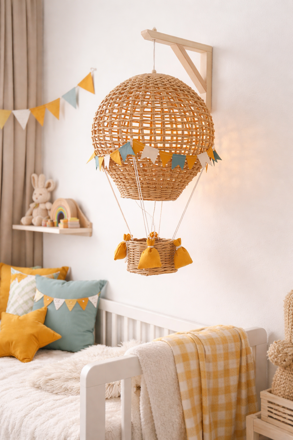 Hot Air Balloon Night Light – Nursery Wall Lamp, Handmade Wicker Balloon Light, Kids Room Decor