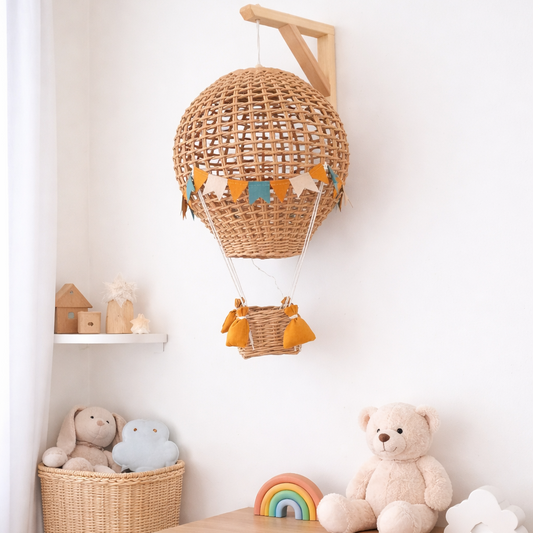 Hot Air Balloon Night Light – Nursery Wall Lamp, Handmade Wicker Balloon Light, Kids Room Decor