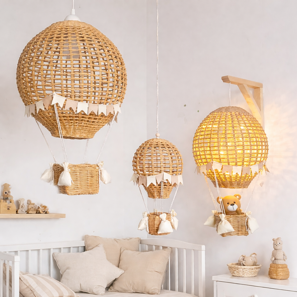 Zestaw do pokoju dziecięcego – abażur balon na ogrzane powietrze, lampka nocna i dekoracja